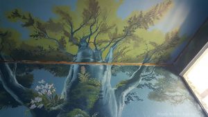 Enchanted Forest Mural: The massive tree. When the bed is in place, the viewer is lying directly under the tree. The perspective is designed to make the tree look like it is disappearing up into the sky. It is surprisingly effective in person!