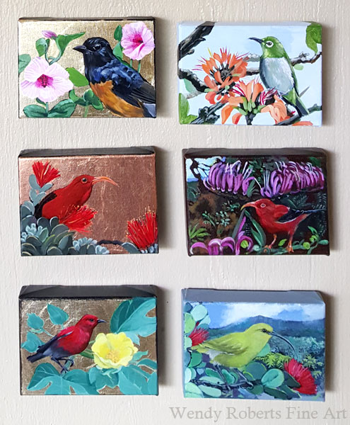 A few of the completed bird paintings in the series by Wendy Roberts