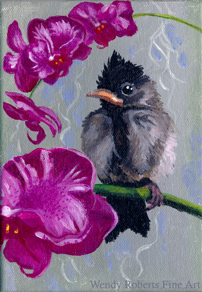 This image has an empty alt attribute; its file name is Baby-Bulbul-On-Orchids-by-Wendy-Roberts.jpg