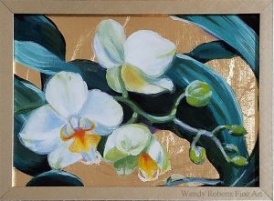 "Golden Orchids, 5 X 7 inches, Acrylic and Copper/Zinc Metal Leafing on Panel by Wendy Roberts