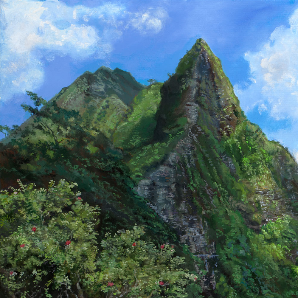 "Pali Long Ago" by Wendy Roberts detail of the jagged Koʻolau mountain that looms over the lookout point.